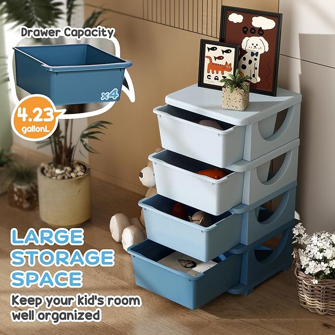 Qaba 4 Tier Kids Storage Unit, 4 Drawer Chest Toy Organizer Plastic Bins for Kids Bedroom Nursery Kindergarten Living Room for Boys Girls Toddlers, Blue