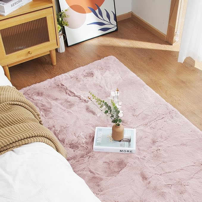 Latepis Light Pink Furry Rug 8x10 Soft Faux Rabbit Fur Rugs for Living Room Large Washable Non-Slip Shaggy Rug for Bedroom, Playing Room, Kids Room, Dorm