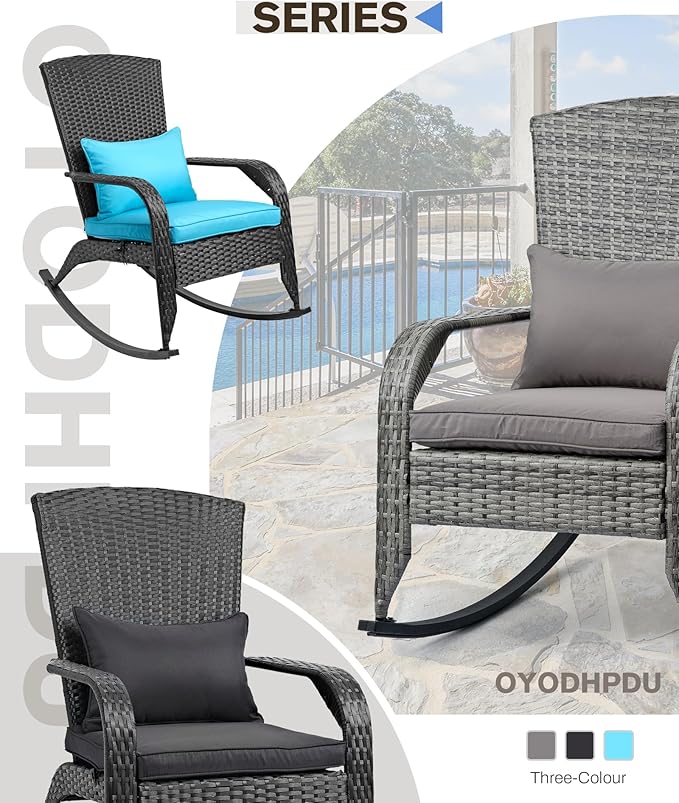 Outdoor Rocking Chair- Outdoor Glider Rattan Rocker Chair with Heavy-Duty Steel Frame- All Weather Rocker Chair for Garden, Porch, Backyard, Poolside (Grey, 320lbs)