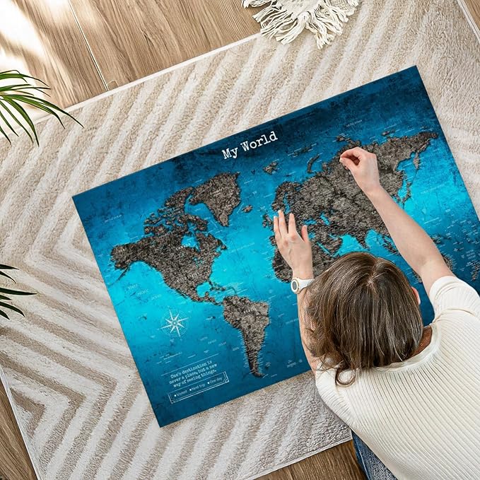 ElephantStock - My World Push Pin Travel Map Iii Wall Art - Horizontal Canvas Wall Art - Living Room Wall Decor - Digital Art Map Canvas Art - Turquoise And Blue Decor - 39" x 26"