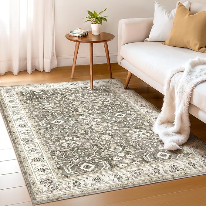 WITSHOCK Living Room Area Rugs 4x6: Washable Rug Boho Soft Non-Slip Low Pile Stain Resistant Foldable Carpet for Bedroom Playroom Dining Room Office Kitchen Farmhouse Home Decor Rug-Brown/Beige