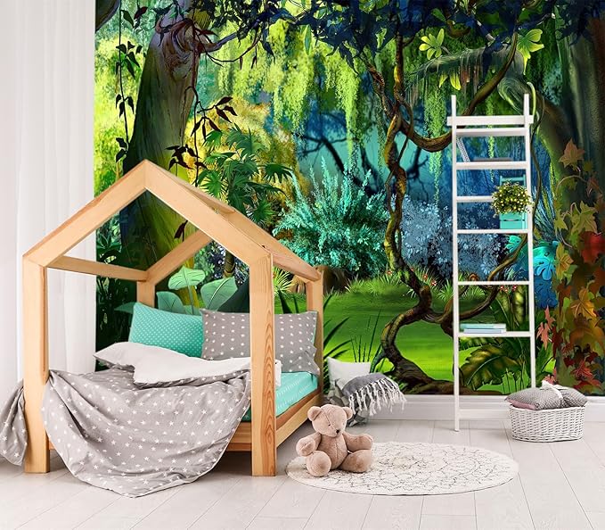 XMPMBM-Cartoon Plant Dreamy Forest Fabric Wallpaper Botanical Woodland Nursery Room Wall Mural-W 132" X H 92"（93 Square Foot）