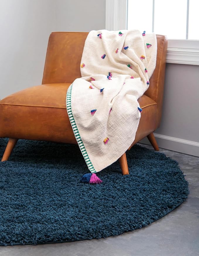 Unique Loom Solid Shag Collection Area Rug (5' 1" Round, Sapphire Blue/ Navy Blue)