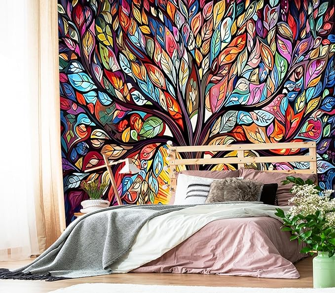 XMPMBM-Vintage Abstraction Art Forest backsplash Large Decorative Wallpaper Colorful Graffiti Tree Bedroom Bathroom Wall Mural- W 154" X H 105"（112 Square Foot）
