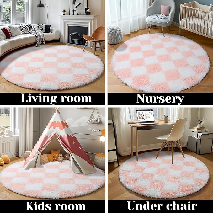 KICMOR Pink Round Rugs 5ft for Girls Bedroom, Fluffy Soft Checkered Circle Area Rug Cute Fuzzy Shag Shaggy Living Room Carpet, Indoor Plush Circular Rug for Kids Room Nursery Home Decor Aesthetic