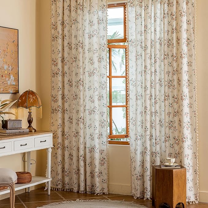 OYX Pink Boho Floral Window Curtains 96 Inch Long 2 Panels, French Vintage Farmhouse Vintage Country Rustic Tassels Printed Drapes for Living Room Bedroom, Rod Pocket Light Filtering Decor Aesthetic