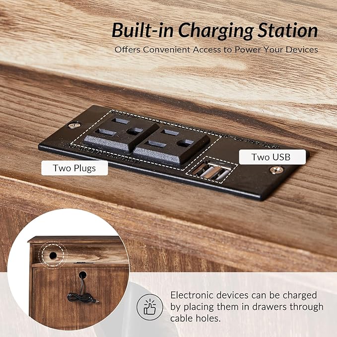 HULALA HOME 3-Drawer Nightstand with Charging Station, Drawer Organizer with Wood Legs, Farmhouse Solid Wood Nightstand(Walnut)