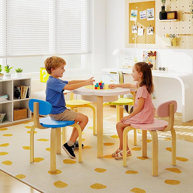 HONEY JOY Kids Table and Chair Set, Wooden Toddler Flower-Shaped Table and 4 Chairs w/Storage for Art Craft, Dining, 5-Piece Children Furniture for Daycare, Kindergarten, Playroom (Colorful + White)