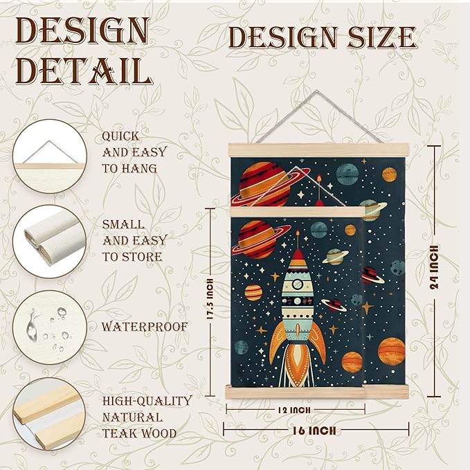 URLLUAE Rocket Ship Space Wall Art Posters for Kids Room, Colorful Outer Space Planet Poster Hanger Frame for Boys Bedroom Classroom Nursery Playroom Wall Decor, 12x16 Inch