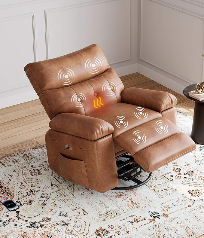 GarveeHome Oversized Power Rocker Swivel Recliner Chair - Heat and Massage, PU Leather Electric Glider Rocking Chair with USB Port, Glider Recliner Nursery Chair for Living Room, Bedroom, Nursery