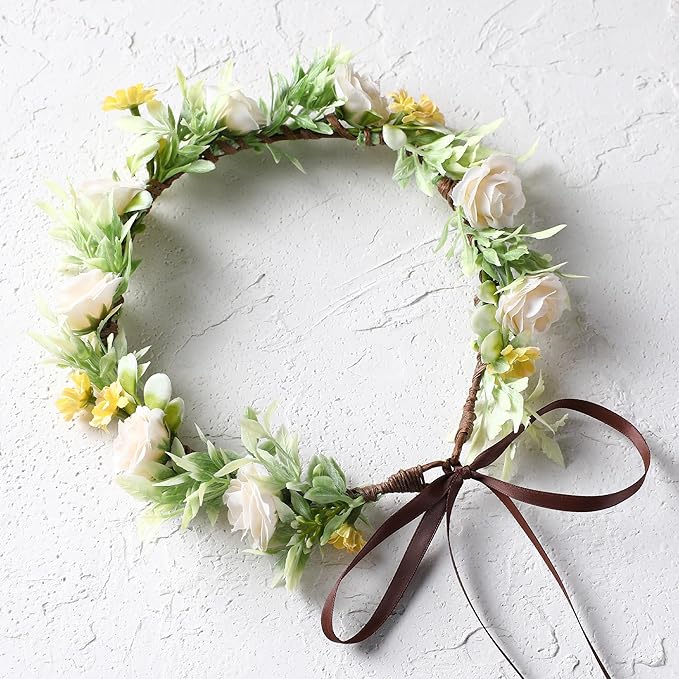 Girls Rose Flower Crown - White Boho Flower Headband Bridal Wreath Popular Floral Headpiece for Women Wedding, Baby Shower, Family Photos and Fancy Gala