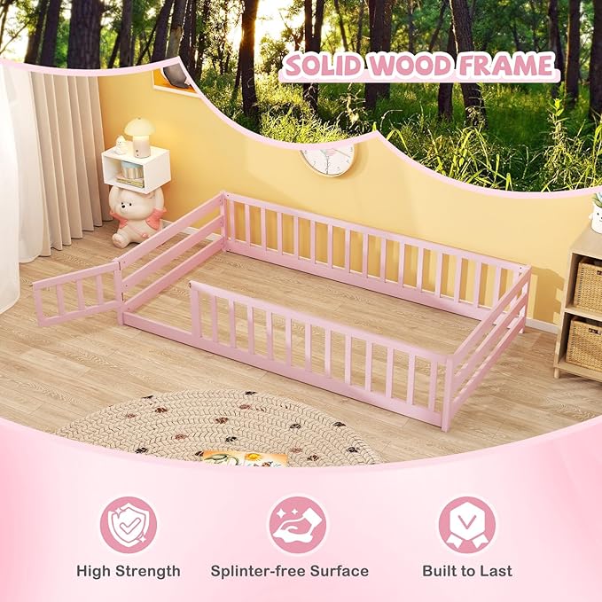 Giantex Twin Floor Bed with Door & Fence, Kids Wood Montessori Beds with Safety Guardrails, Floor Bed Twin for Kids, Boys, Girls, No Box Spring Needed, Pink