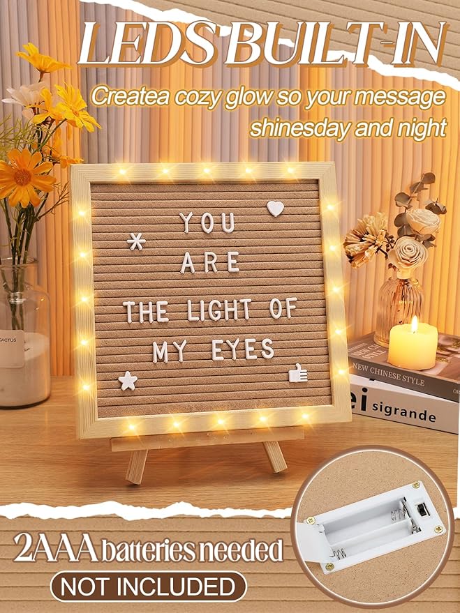 Changeable Felt Letter Board with LED Lights - 10×10" Message Custom Signs & Wood Stand & 450 Letters, Poster Board for Christmas/Pregnancy/Baby Announcement/Classroom Wall Decor Gifts, Camel