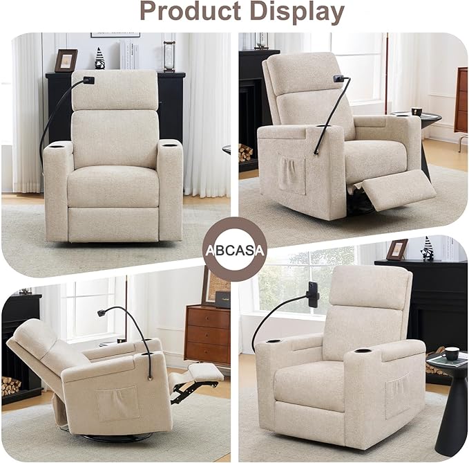 ABCASA Power Recliner Chair Swivel Glider Set of 2, Nursery Glider Recliner, Chenille Rocking Recliner Chair with Adjustable Phone Holder, Hidden Arm Storage, USB & Type-C for Living Room, Light Brown