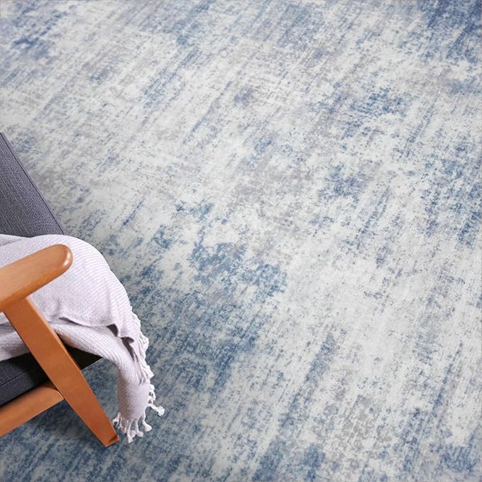 IOHOUZE Abstract Runner Rug 3x18 Ft Washable Runners for Hallways, Non Slip Kitchen Runner Printed Faux Wool Entryway Runner Indoor, Modern Abstract Floor Carpet for Hall Stair, Light Blue White