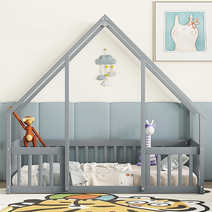 Bellemave Twin Floor Bed for Kids, Girls, Boys, Wood House Bed Frame, House Floor Bed, Twin Size Montessori Floor Bed with Fence, Playhouse, Gray