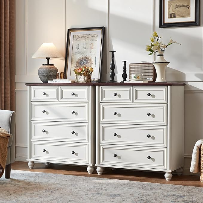 Farmhouse 5 Drawer Dresser for Bedroom, 35.5" Tall Small Dressers & Chest of Drawers, Rustic Wood Dresser with Roman Column, Storage Organizer for Living Room, Hallway, Closet (White)