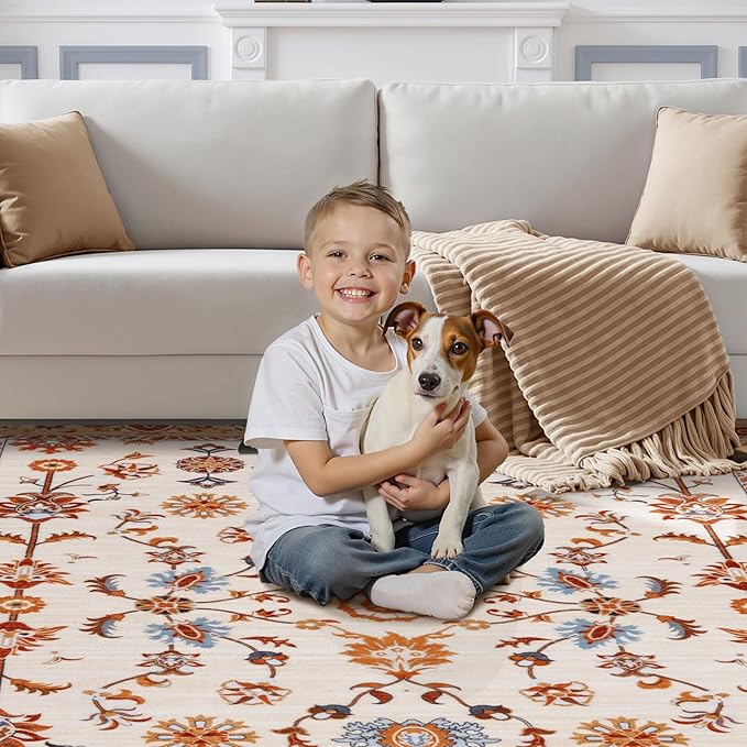 Tangsoo Floral Area Rug 5x7 Machine Washable Orange Rug Non-Slip Vintage Distressed Boho Print, Soft Low Pile Carpet for Living Room, Bedroom, Dining Room, Pet & Child Friendly (Orange Home Decor)