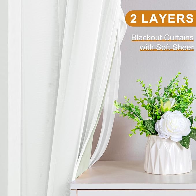 DWCN Layered Curtains for Living Room Blackout and Sheer Curtains with Tiebacks Grommet Top Window Treatments with Sheer Overlay for Bedroom, 52 W by 96 L, Seafoam, 2 Pieces