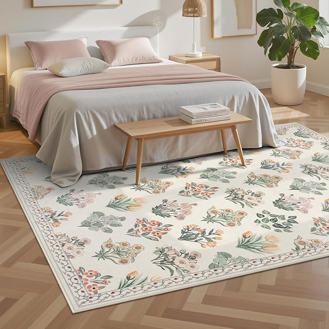 Wonnitar Floral Washable 8x10 Area Rugs, Soft Large Rugs for Living Room, 8 x 10 Low Pile Non Slip Moroccan Bedroom Carpets for Nursery Kids Room Decor Dining Room, Cream Beige