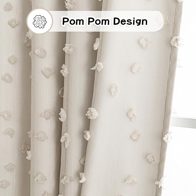 MYSKY HOME 100% Blackout Curtains for Girls Bedroom 95 Inch Long Total Room Darkening Curtain for Living Room 2 Panels Grommet Light Blocking Sliding Door Drapes Beige Pom Pom Sheer 52 x 95 Inch