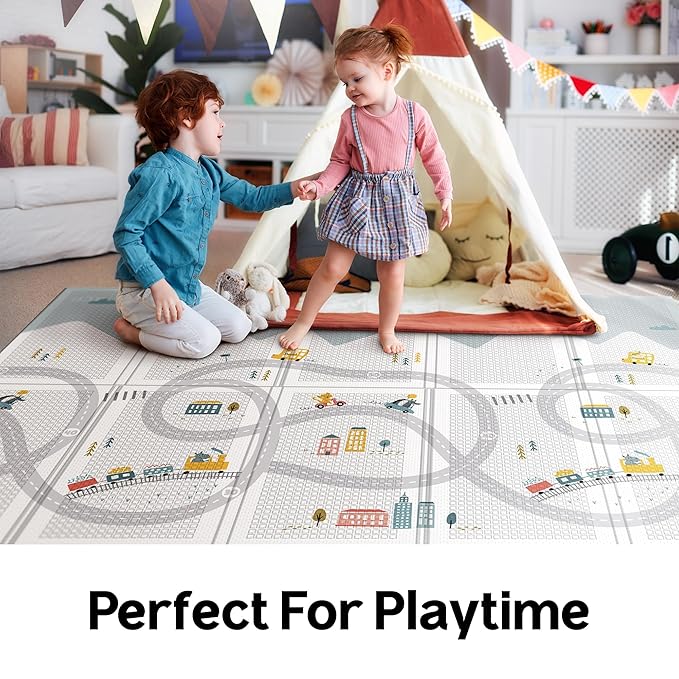 Baby Foldable Play Mat for Baby - Happy Travel Floor Mats design - Perfect Tummy Time Mat & Nursery Rug - Portable Playroom Rug, Indoor/Outdoor, Waterproof, Made in Korea - Large 79" x 55"
