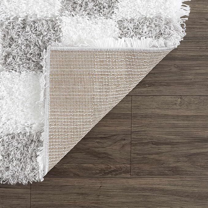 Hauteloom Atira Contemporary Checkered Fluffy Shag Area Rug - Modern Geometric Carpet Tiles for Living Room, Kids Room, Nursery - Plush Pile - Gray, Cream, White - 5'3" x 7'3"