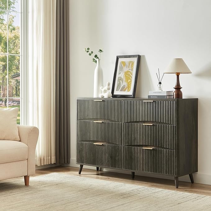 Evermagin 55" Wide Fluted 6 Drawer Dresser, Mid Century Modern Curved Dresser, Light Wood Chest of Drawers for Bedroom, Living Room and Entryway, Dark Grey