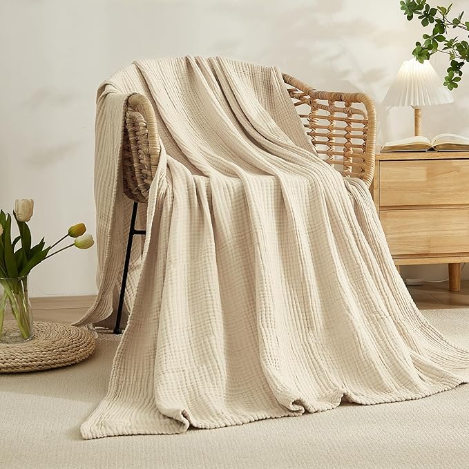 EMME Cotton Muslin King Blanket Big Oversized Bed Layering Bedspread Coverlet Light Tan Breathable Gauze Soft Lightweight Blankets (120"x94")