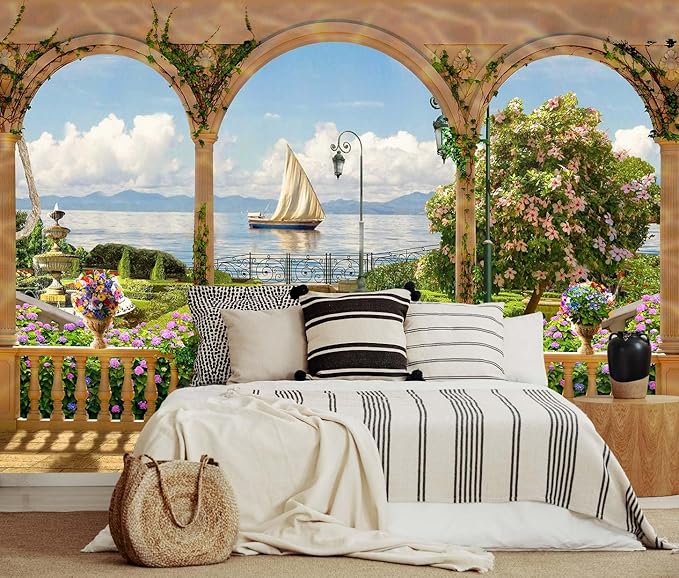Garden Wallpaper Seascape Sailboat Wall Mural for Bedroom Living Room (Not Self-Adhesive)