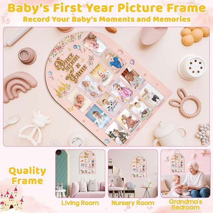 R HORSE My First Year Photo Display Wood Board - 3D Princess Baby's First Year Picture Frame, 12 Months Fairytale Castle Milestone Board Baby Keepsake Gift 1st Birthday Nursery Decor for Girl