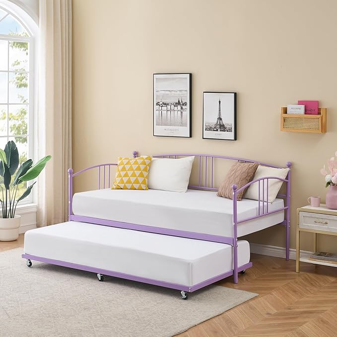 GarveeHome Daybed with Trundle, Sturdy Metal Day Bed with Steel Slat Support, Trundle Bed Twin with Arched Headboard, SofaBed for Living Room, Bedroom and Guest Room, Purple