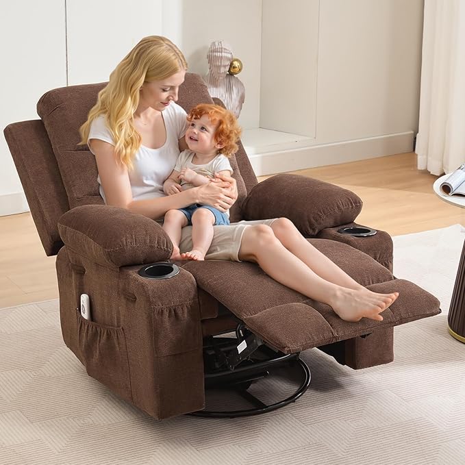 Recliner Chair Nursery, Oversized Manual Reclining Rocking Chair, 360 Swivel Glider with Cup Holder, Massage and Heat Recliner, Indoor Small Single Sofa Chairs for Adults, RV, Bedroom, Linen Brown