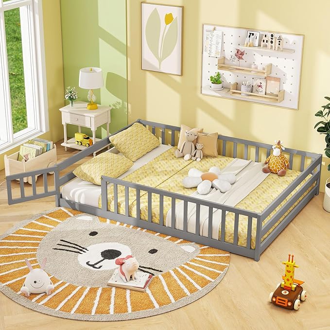 Giantex Full Floor Bed with Door & Fence, Kids Wood Montessori Beds with Safety Guardrails, Floor Bed Twin for Kids, Boys, Girls, No Box Spring Needed, Grey