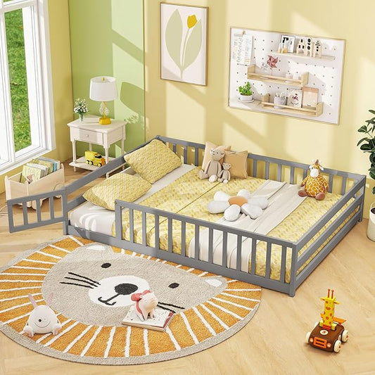 Giantex Full Floor Bed with Door & Fence, Kids Wood Montessori Beds with Safety Guardrails, Floor Bed Twin for Kids, Boys, Girls, No Box Spring Needed, Grey