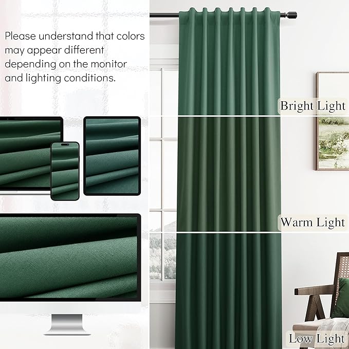 Green Linen 100% Blackout Curtains 120 Inches Long 2 Panels Set Modern Textured Room Darkening Thermal Insulated Noise Cancelling Patio Door Bedroom Dining Room Back Tab Hook Belt 52x120 10Ft