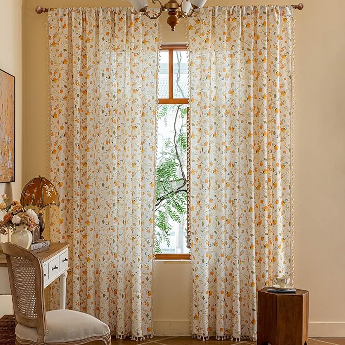 OYX Yellow Boho Pattern Floral Curtains 63 Inch Length 2 Panels for Living Room, Bedroom Light Filtering Drapes, Vintage Country French Tassels Patterned Rod Pocket Aesthetic Decor Window Treatments