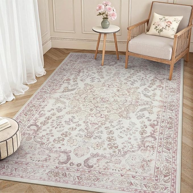 Wonnitar Vintage Floral Rugs for Bedroom Girls, 5x7 Washable Pink Nursery Rug for Baby, Ultra-Thin Non Slip Soft Medallion Carpet for Aesthetic Decor Toddler Kids Room Living Room