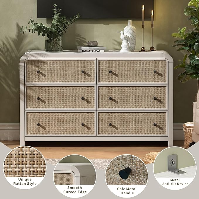 Oak&Sparrow 6 Drawer Dresser for Bedroom, 49'' Rattan Dresser with Ample Storage, Boho Chest of Drawers, Thickened Curved Profile Design, Oak Dressers for Bedroom, Living Room