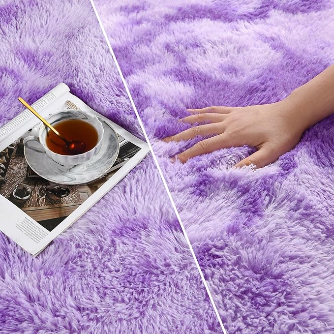 Large Shag Area Rugs 5 x 8, Tie-Dyed Plush Fuzzy Rugs for Living Room, Ultra Soft Fluffy Furry Rug for Bedroom, Indoor Carpet Nursery Rugs for Kids Room Home Decor, Purple