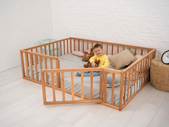 Montessori Floor Bed with 21.7" High Railings, Made in Europe from Alder Wood, 7 Colors Kids Bed Frame for Toddler Bedroom, 5 Sizes Toddler Beds for Boys and Girls, Water Based Paint (Model 19)