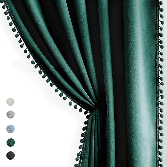Treatmentex Blackout Patio Sliding Door Curtains Green Pom Pom Extra Wide Room Divider Thermal Insulated Window Curtain Drapes for Living Room Bedroom Chiasmas W100 x L84 1 Panel 7' Tall by 8.5' Wide