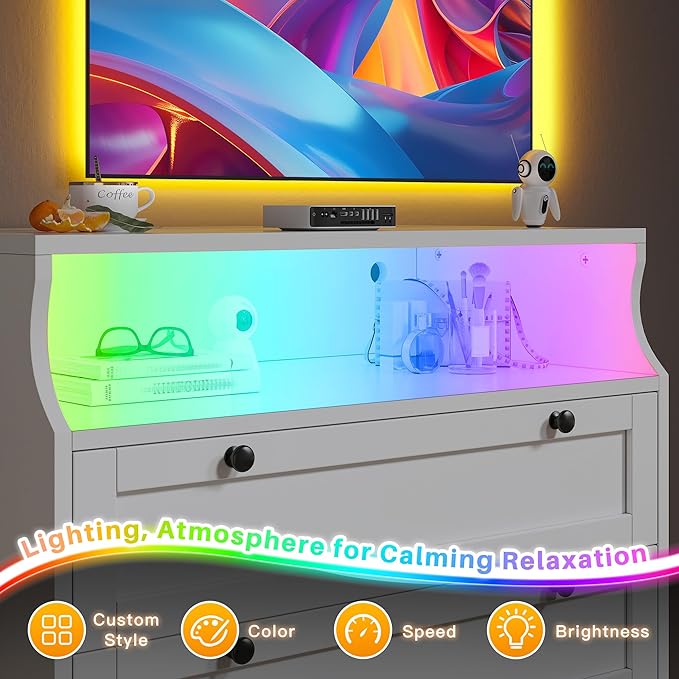 EnHomee White Dresser with LED Light, Tall Dresser for Bedroom, 5 Drawers & 1 Shelves for Bedroom, Home Office