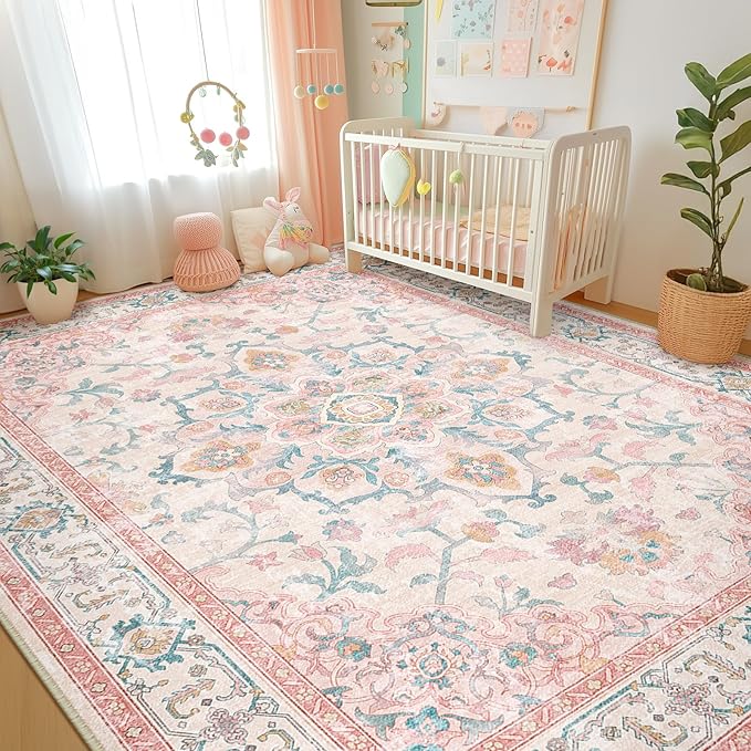 Machine Washable Rugs Nursery Rug 9x12 Cute Girl Non Slip Low Pile Water Repellent Soft Print Pattern for Bedroom Indoor Decor Kids Playroom Pinkteal