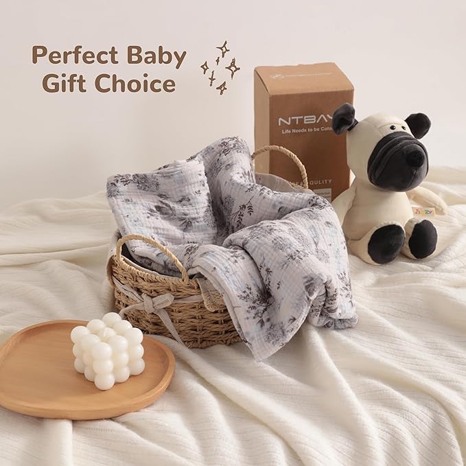 NTBAY 4 Layer Muslin Cotton Toddler Blanket, 30x40 Soft and Breathable Receiving for Newborns and Infants, Perfect for Crib, Stroller, Travel, Lightweight Nursery Blanket, Vintage Bloom