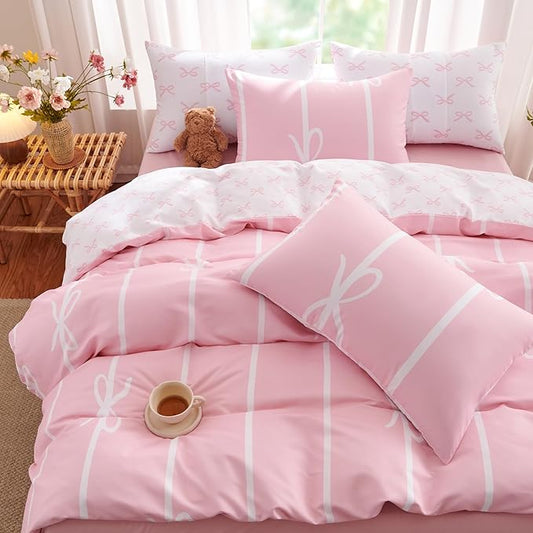 Pink Bow Duvet Cover King Coquette Bedding Set for Girls Kids Cute Princess Style Bowknot Bedding Ultra Soft Microfiber Duvet Cover Set with 2 Pillowcases(No Comforter)