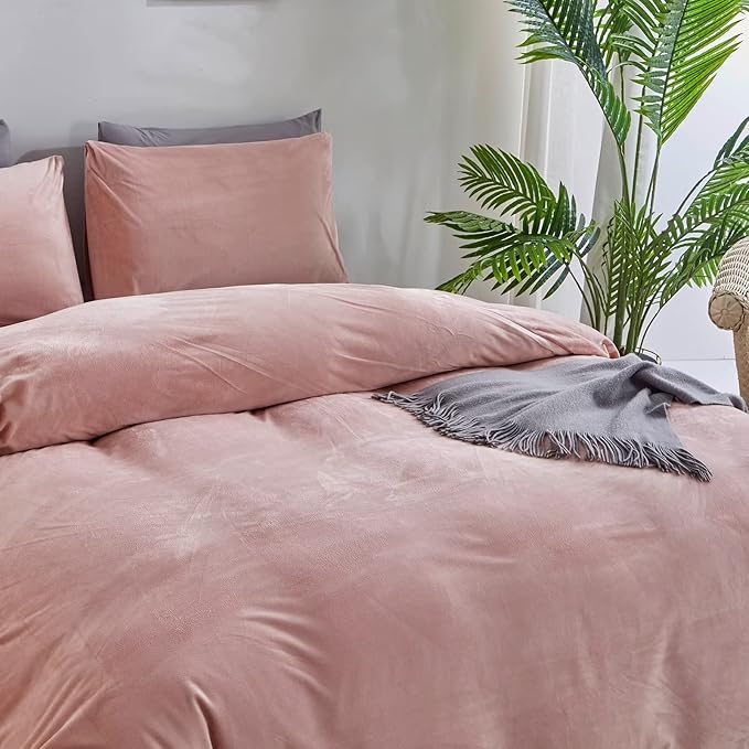 Houseri Pink Duvet Cover Queen Fluffy Light Pink Velvet Bedding Set Full Girls Blush Pink Duvet Cover Flannel Fuzzy Dusty Pink Bedding Duvet Covers Women Micromink Sherpa Plush Pink Bedding Sets Queen