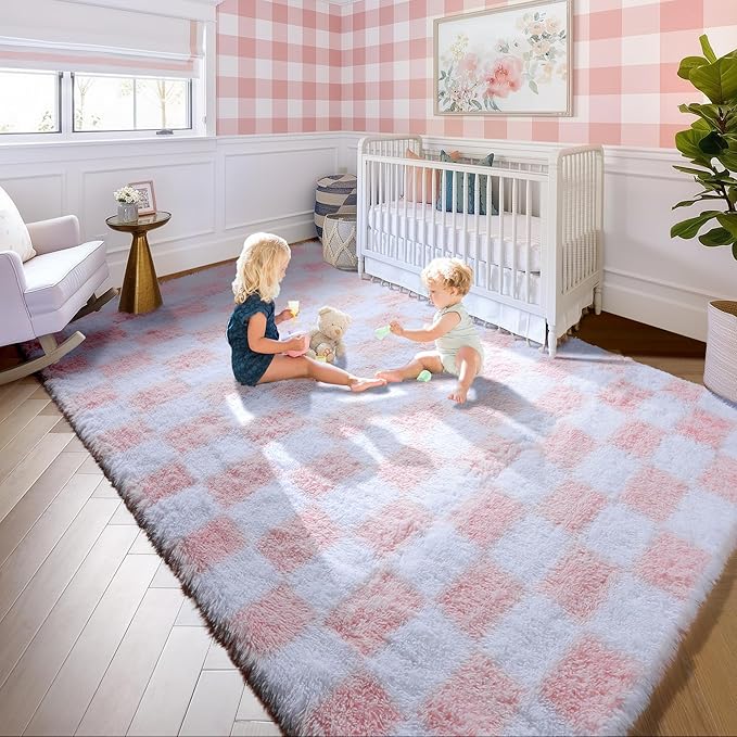 KICMOR Large 6x9 Rugs for Living Room, Soft Fluffy Light Pink and White Checkered Shag Area Rugs Big Fuzzy Shaggy Bedroom Carpet, Cute Plush Rug for Teen Toddler Kids Girls Room Nursery Home Decor
