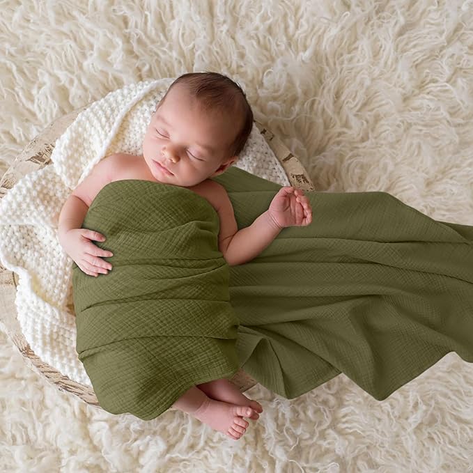 Bearmoss Muslin Swaddle Blankets, 40 x 38 inches Baby Swaddle for Boys and Girls, Soft Baby Blanket, 3 Pack Breathable Nursery Receiving Blankets (Grey Green)