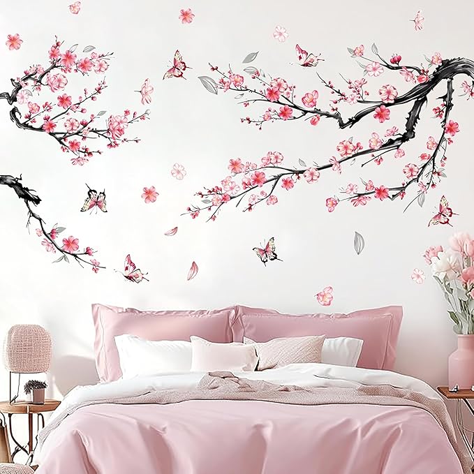 Cherry Blossom Wall Decals, Watercolor Pink Flower Tree Peel and Stick Wall Stickers for Living Room, Bedroom, Sofa, TV Background Home Decor, Nursery, Kids Room Wall Art (Large)